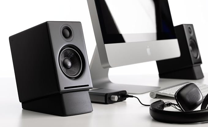Audioengine DS1 Angled Desktop Speaker Stands – Isolation Speaker Stands for Computer Speakers and Bookshelf Speakers - Black