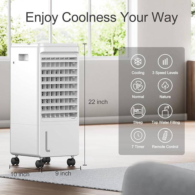 Portable Air Conditioner, Windowless Ac Fan for Room Bedroom Indoor 1.85 Gal Water Tank, 3 Speeds, 80°Oscillation,