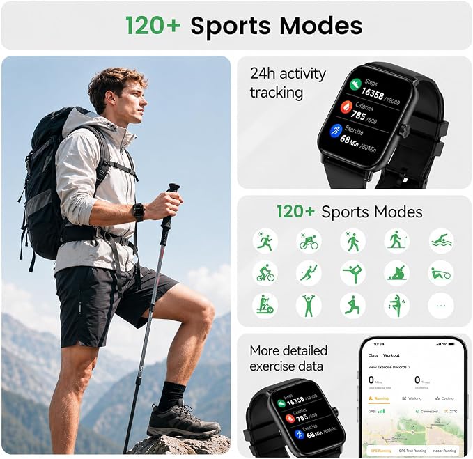 Jacoosa Smart Watch for Android & iPhone, 1.85 Inch HD Touch Screen Fitness Tracker, Heart Rate & Sleep Monitoring IP68 Waterproof Sports Smartwatch for Men Women