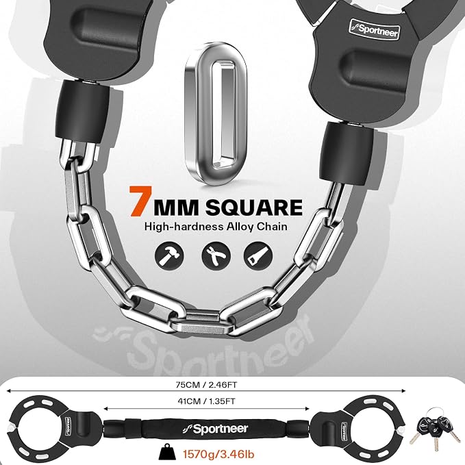 Sportneer Scooter Lock: 7mm Square Chain Anti-Theft Cut Resistant Bike Lock with 3 Keys, 2.46ft/75cm Heavy Duty 3 Position Adjustment Bike Chain Lock for E-Bike/Electric Scooters, Door, Gate