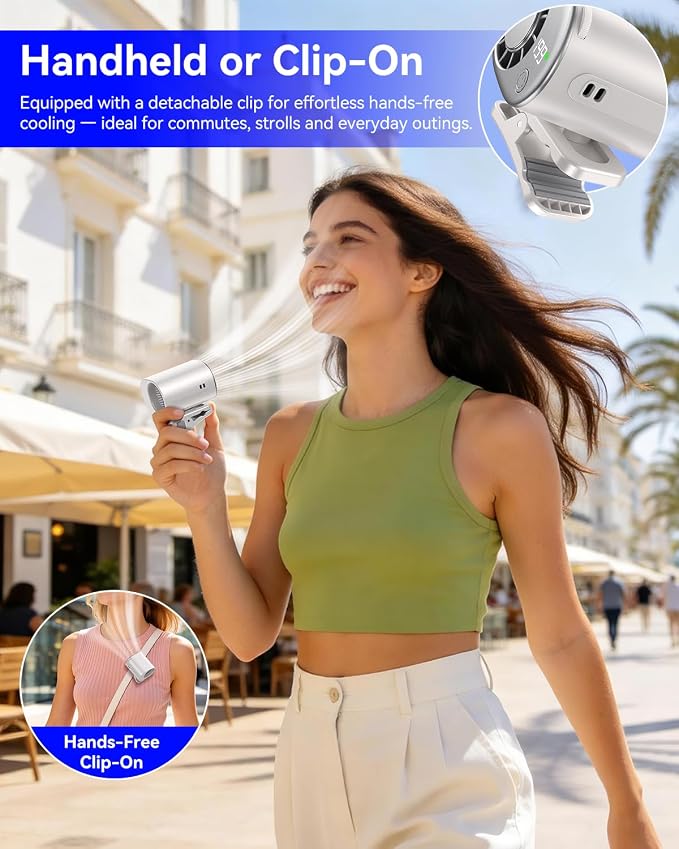 Clip-On Portable Fan with Ice Cooling, 20000 RPM Rechargeable Handheld Turbo Fan, 360° Rotating Detachable Clip, Mini Stroller Fan for Baby, Compact Travel Essentials, Summer Gifts for Women,White