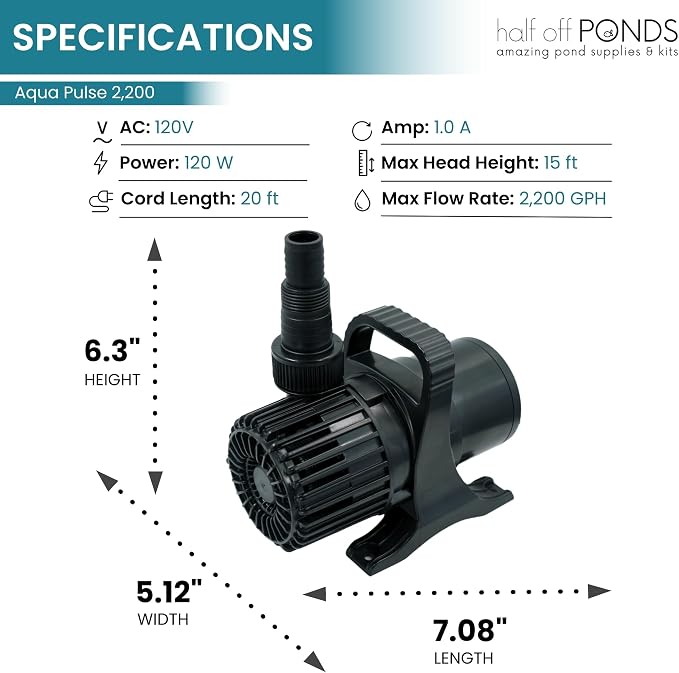Aqua Pulse Submersible Pond Pump, 2,200 GPH, 20 ft Cord | 15 ft max head, 120W energy efficient, Ultra quiet, For koi ponds, Waterfalls, Fountains