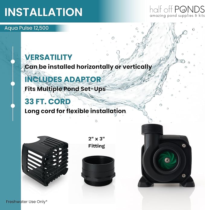 Aqua Pulse Submersible Pond Pump, 12,500 GPH, 33 ft Cord | 37 ft max head, 960W energy efficient, Ultra quiet, For koi ponds, Waterfalls, Fountains