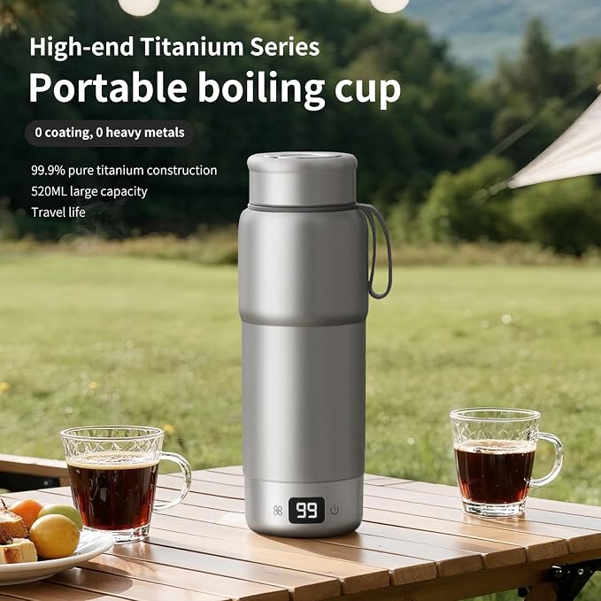 ZING TTI Pure titanium Electric Heated Travel Kettle,17.5 oz,Double-layer vacuum, Portable Electric Kettle, Adjustable Multi-Temperature Settings, 100V-240V Compatible, Grayl Water Bottle.
