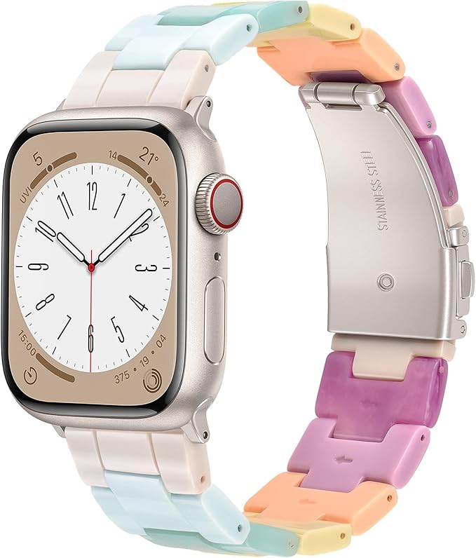 V-MORO Resin Bands Compatible with Apple Watch Series 11/10/9/8/7 Band 45mm 46mm Starlight Buckle Lightweight Fashion Strap Bracelet for iwatch Series SE/6/5/4/3/2/1(Bonbon Rainbow,42/44/45/46/49mm)