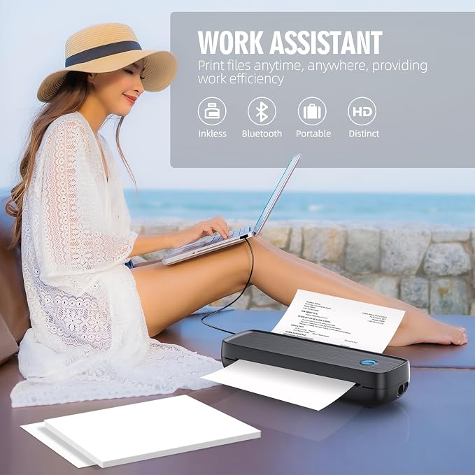 Portable Thermal Printer, Wireless & Bluetooth Mini Inkless Printer for Travel, Office, Home, Supports 8.5x11inch, Compatible with iPhone, Android, Laptop