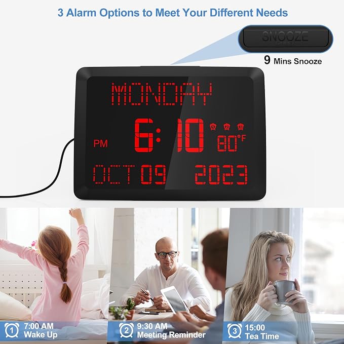 Raynic Digital Clock, 11.5" Large Display Digital Calendar Clock with Day and Date, Indoor Temperature, Adjustable Brightness, Snooze,12/24H, DST for Home, Office, Elderly