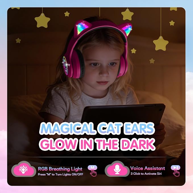 IFECCO Kids Wireless Headphones with Case - Cute LED Light Up Cat Ear,50H Playtime,Safe Volume Limited,Bluetooth 6.0 Kids Girls Headphones for School iPad Tablet Gifts