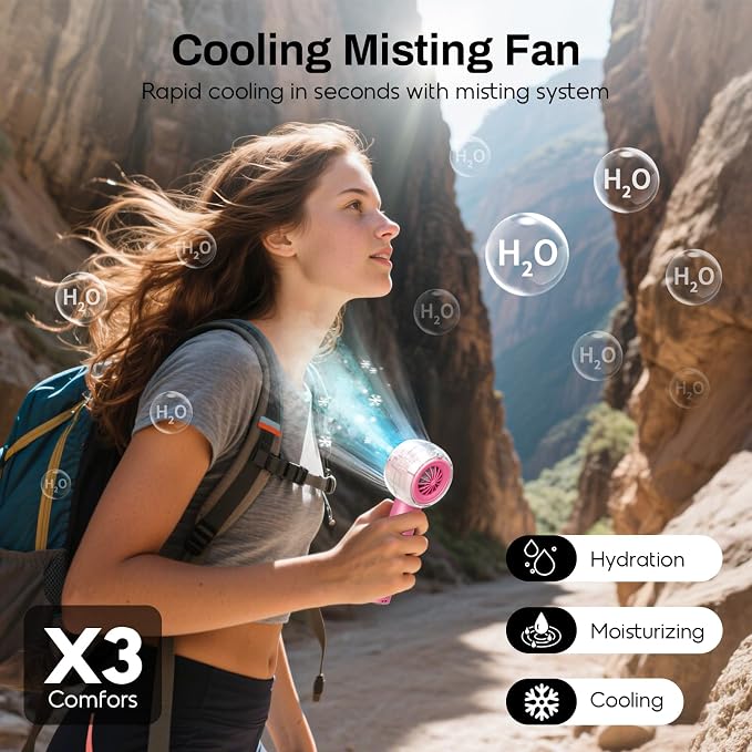 Misting Portable Handheld Fan, Powerful Turbo Motor, 6000mAh Rechargeable Battery Personal Mini Fans with 4 Strong Wind Cooling Gadgets for Travel Camping, Beach, Outdoor, Gifts for Women Men-Hot Pink