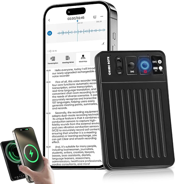 AI Voice Recorder,Magnetic Voice Recorder with Transcribe & Summarize Empowered by ChatGPT,Digital Voice Recorder for Lectures, Meetings, Calls,Portable Audio Recorder Support 107 Languages (Black)