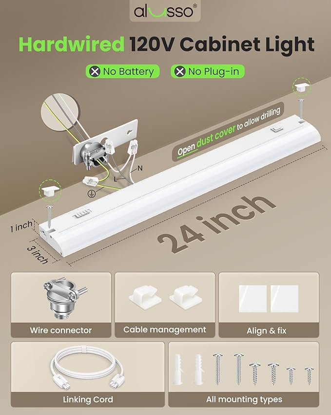 ALUSSO 24 Inch LED Under Cabinet Lighting Hardwired 120V, 5CCT Color Selectable 2700K-5000K Dimmable 15W 1200LM High Brightness, CRI 90+ Strip Linkable Under Counter Lights for Kitchen Sink, 2 Pack