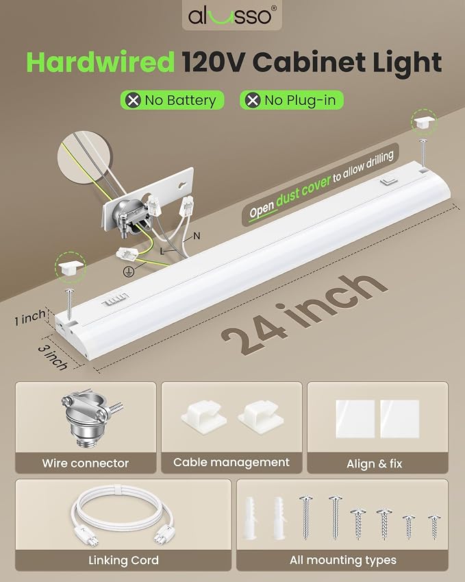 ALUSSO 24 Inch LED Under Cabinet Lighting Hardwired 120V, 5CCT Color Selectable 2700K-5000K Dimmable 15W 1200LM High Brightness, CRI 90+ Strip Linkable Under Counter Lights for Kitchen Sink, 4 Pack