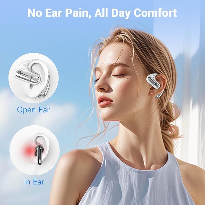 Open Ear Headphones, Bluetooth 5.4 Wireless Earbuds with Ear Hooks, 60H Playtime, AI Clear Call, LED Display Charging Case, IPX7 Waterproof Sports Earphones for Running Workouts Commute, White