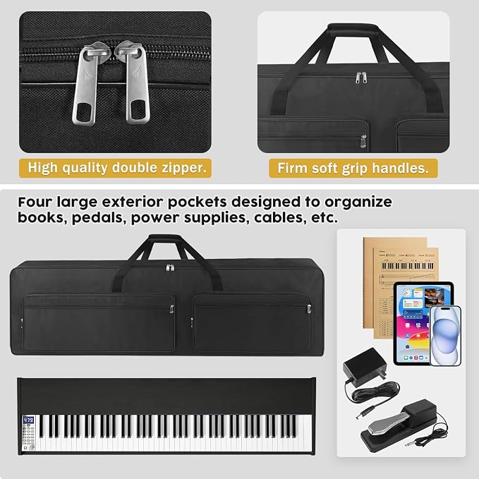 88 Key Keyboard Case 53.9''x7.1''x14.6'', Portable Padded Piano Bag Keyboard Gig Bag with Handles and Adjustable Shoulder Straps with 4-Pocket for Keyboard Accessaries (Black)