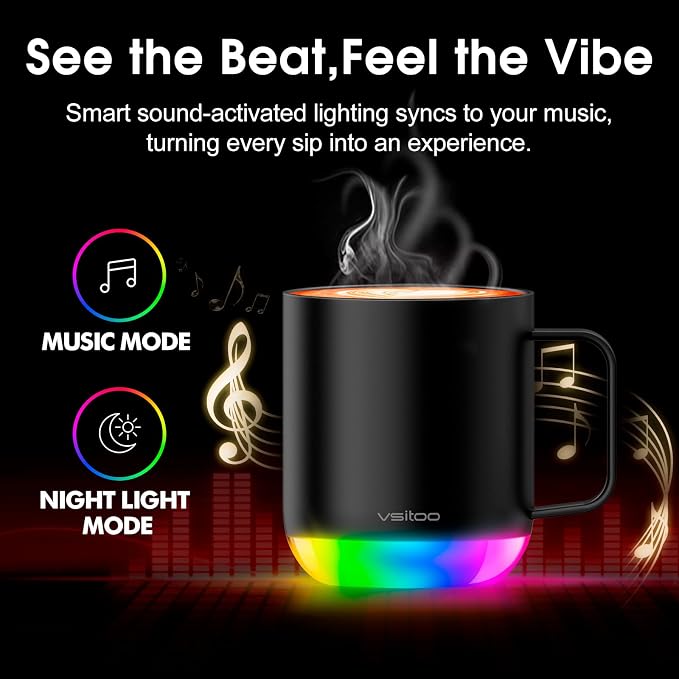 Vsitoo S6 Plus 12oz Smart Self Heating Coffee Mug, AI Auto-Sensing Heated Espresso Mug Temp Control 120-150℉, Rechargeable Mug Warmer with Music LED, IPX7 Gift for Women Men- Black