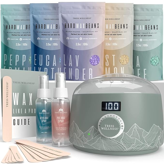 Tress Wellness Award Winning Waxing Kit for Sensitive Skin – Safe for Face & Skin, Easy to Use – At-Home Kit for Face, Bikini, Brazilian & Full Body - Digital Display, Green Mountain