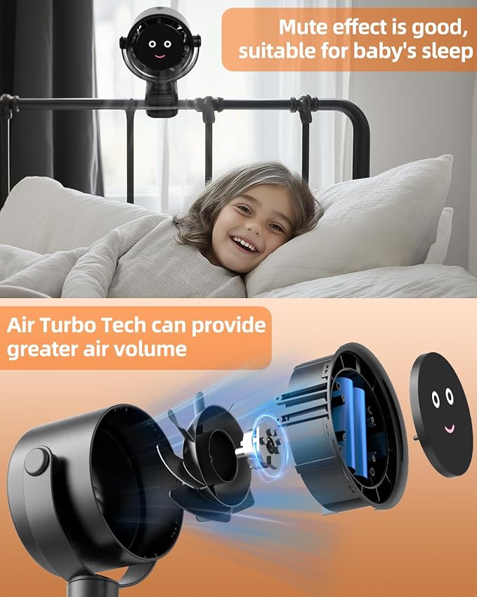 Akejrym Clip on Fan for Bed, Portable Fan for Travel, 360° Rotate Battery Operated Personal Fan, Digital display, stroller fan with 5 Speeds, For Home Office Stroller Camping - Black