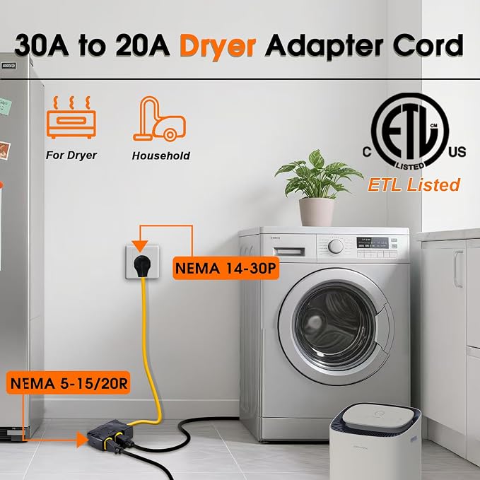 30Amp to 20Amp 110V Adapter, Compatible with NEMA 14-30P to 4X 5-20R/15R with 20 Amp Circuit Breaker, 240V to 120V Dryer Power Distribution Adapter (3 FT)
