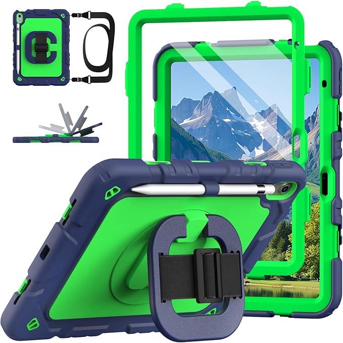 Grifobes for iPad A16 11th/10th Generation Case 2025/2022, for 11 Inch/10.9 Inch iPad Case Cover with Screen Protector, 360°Rotate Stand, Hand & Shoulder Strap, Pencil Holder, Blue Green