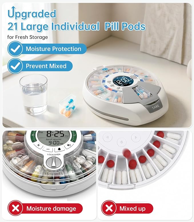 Wi-Fi Automatic Pill Dispenser Smart Medication Assistant for Seniors & Caregivers with 21 Individual Pods, Alarms & Sound Light Reminders, Remote Monitoring & Tracks Adherence History, Key Lock