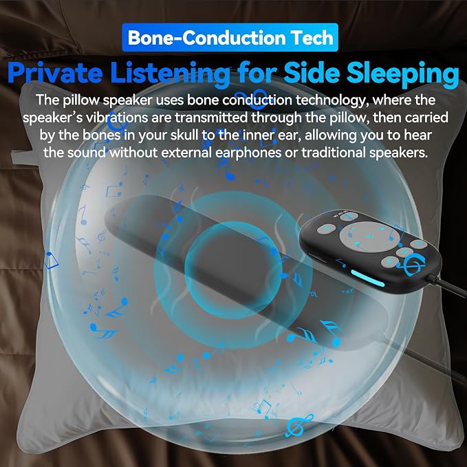 Pillow Speaker with Remote for Sleeping - Bone Conduction Speaker with 36 Built-in White Noise, Silent Bluetooth Speakers Under Pillow, Portable Sleep Bar (Without TF Card, Black)