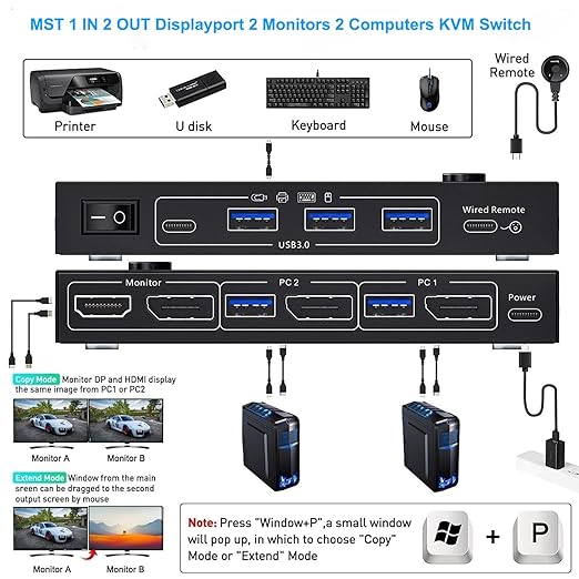 MST Displayport Splitter Dual Monitor KVM Switch 2 Monitors 2 Computers 1 DP in 2 Screens Out (DP&HDMI) Support Max Single 8K@30Hz/Dual 4K@100Hz USB 3.0 KVM Switches with Wired Remote Controller