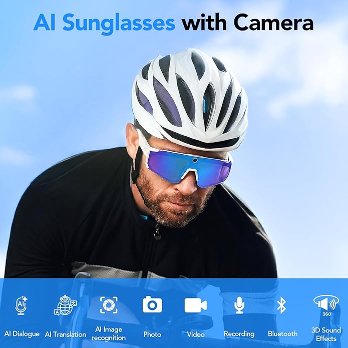 King Will Smart Glasses with Camera, AI Bluetooth Sunglasses with Detachable Inner Lense, 1200P EIS Anti-Shock Video Recording, Dual-Mic ENC Noise Cancellation, IP54 Anti-Water for Cycling & Hiking