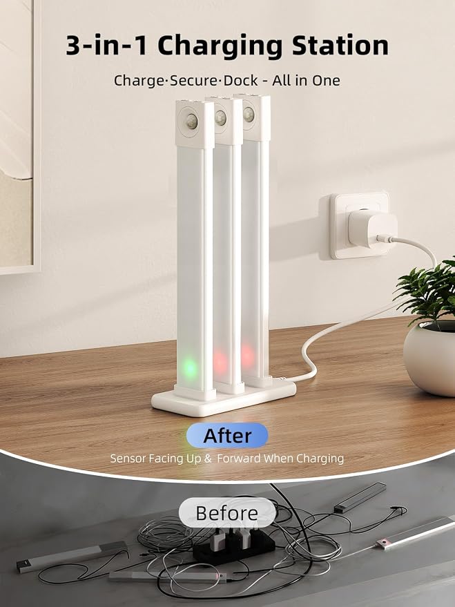 EZVALO 6 Pack LED Under Cabinet Lights Wireless with Charging Station, 11.8'' Motion Sensor Light Indoor, 1100mAh Rechargeable, 3 Color Temperatures, Dimmable Closet Lights for Pantry, Hallway, Stair