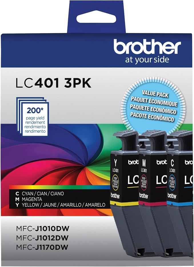 Brother Genuine LC401 Standard Yield 3-Pack Ink Cartridges â€“ Includes 1 Cartridge Each of Cyan, Magenta and Yellow , 3 Count (Pack of 1)