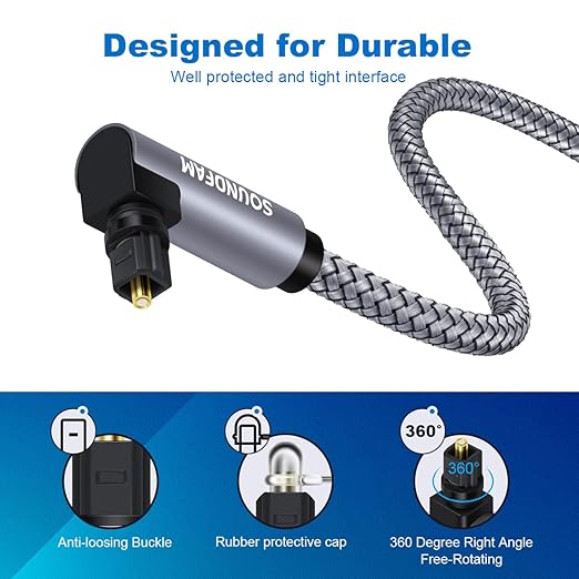 90 Degree Optical Audio Cable 10ft/3M Right Angle Toslink Cable Male to Male 360 Degree Free-Rotating for Home Theater,TV,PS4,Sound Bar,Xbox-Grey