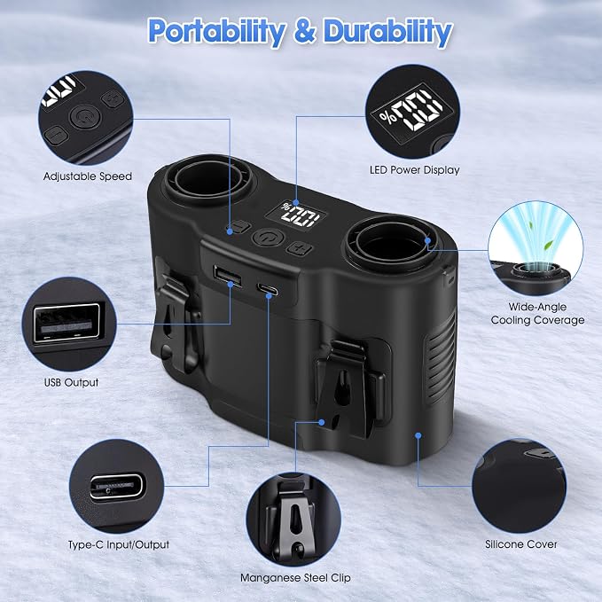 POPERFUN 42H Portable Waist Fan, 28000mAh Rechargeable Wearable Belt Fans, 16000 RPM Cooling Neck Body Powerful Shirt Personal Cooling Fan for Outdoor Jobsite Camping Travel in Black