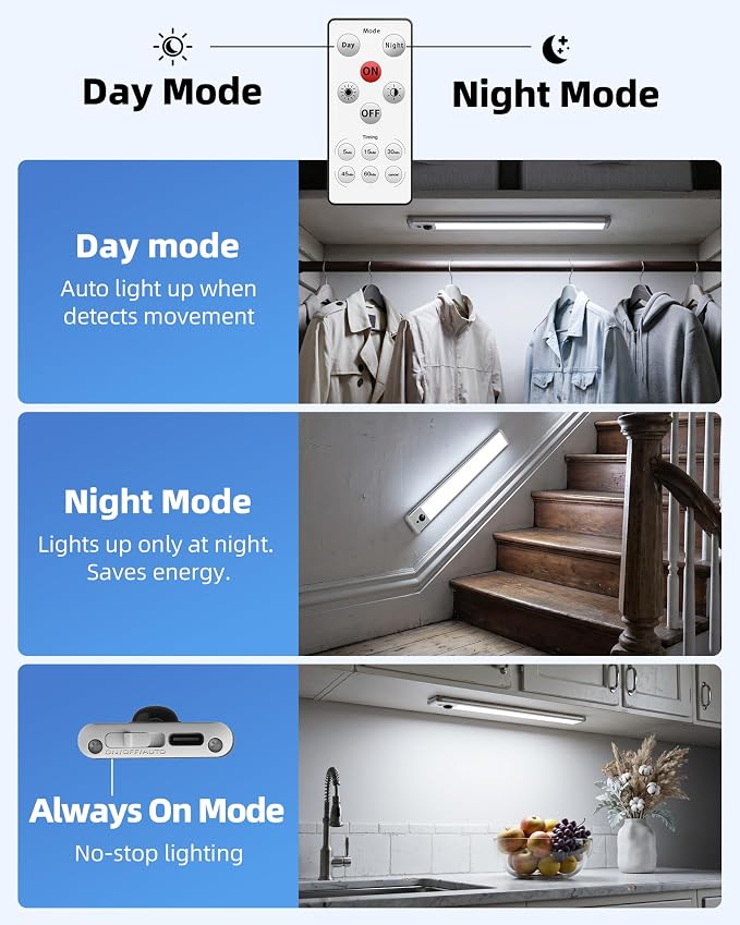 EZVALO 2 Pack Under Cabinet Lights, 14.5'' Magnetic Motion Sensor Light, 4000mAh Large Capacity Rechargeable Closet Light, Remote Control Dimmable 5700K Cool White for Kitchen, Stairs, Hallway