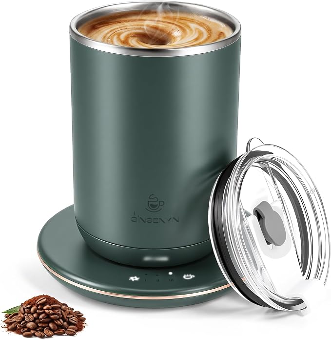 Self Stirring Coffee Mug, Self Heating Coffee Mug, Heated Cup with 3-Level Smart Temperature Control, Auto Shut-Off Electric Coffee Cup Warmer with Detachable Base, Gift for Family Friends (Green)