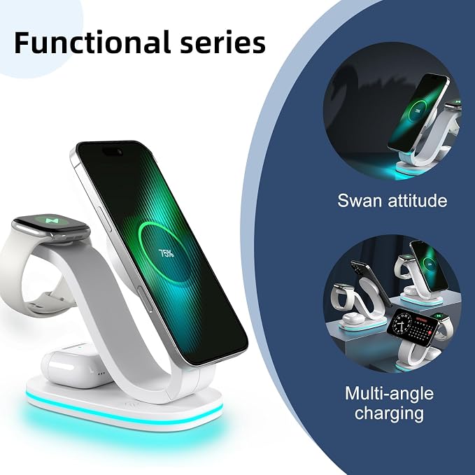 3 in 1 Charging Station for iPhone, 2026 New Fast 15W Wireless Charger Station Compatible Mag-Safe for iPhone 17 16 15 14 13 12 Wireless Charging Station for AirPods Wireless Charger for iWatch Series