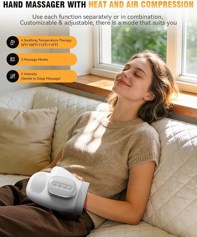 Hand Massager with Heat and Compression: 2026 New Cordless Electric Hand Massage for Arthritis Carpal Tunnel, 3 Massage 4 Temperatures 5 Compression Wrist Finger Massager, Gifts for Women Men, Grey