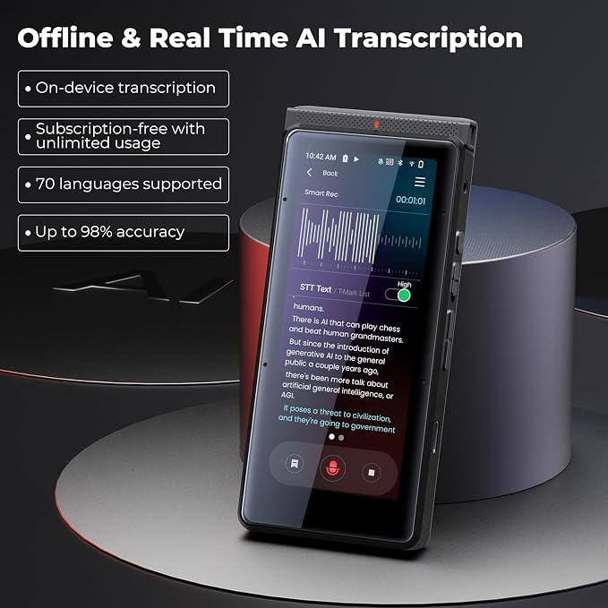 Innioasis PR1 AI Voice Recorder, Transcription & Translation with AI, 3.99 inch 64GB Smart Summarize, Offline AI Processing Note Taker for Meeting & Lectures, Translation for Business Travel, Black