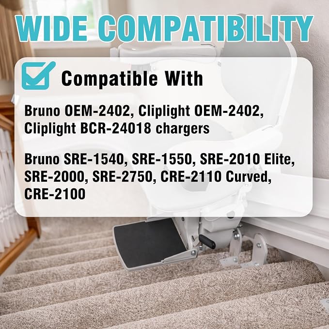 for 2402 Stair Lift Charger Compatible with Bruno Stair SRE-1540, SRE-1550, SRE-2000, SRE-2010 Elite, CRE-2110 Curved, CRE-2100, SRE-2750,OER-2402, BCR-24018 Power Supply Cord