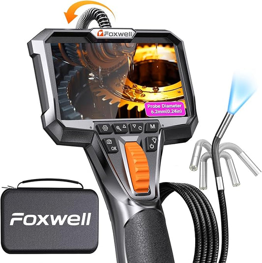 FOXWELL Y400 Two-Way Articulating Borescope with Light, 0.24in Ultra-Slim Probe, 220° Articulation, IPS HD Screen, Industrial Endoscope Inspection Camera for Automotive Engine, HVAC & Plumbing – 5.3FT