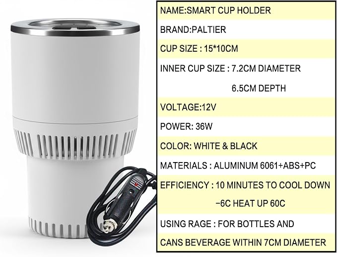 Auto Car Cup Holder Heating Cooling Drinks Smart Cooler Warmer Heater for Coffee Beverage Milk (White with Silver)