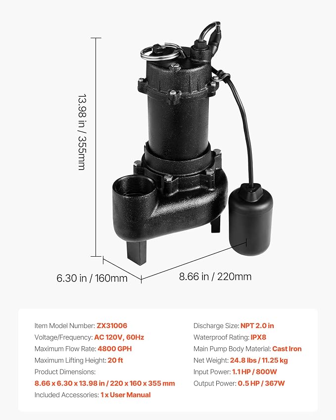 VEVOR Submersible Sewage Pump, 1/2 HP, 4800 GPH Cast Iron Sewage/Effluent Pump with Automatic Tethered Float Switch, 2-Inch NPT Discharge, 120V, 20 ft Max Lift, for Basement, Septic Tank, Residential