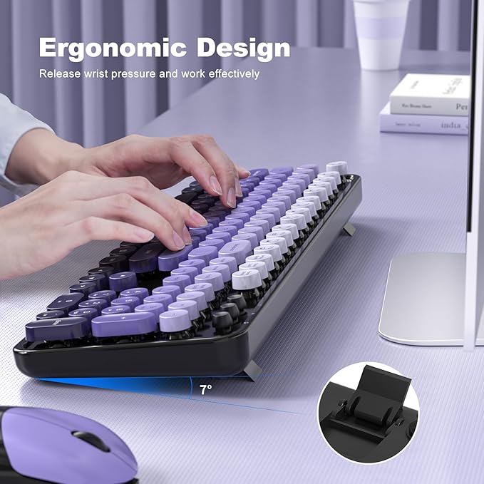Wireless Keyboards and Mouse Combos, SQMD Colorful Typewriter Keyboard with Round Keycaps, 2.4GHz USB Retro Wireless Keyboard Mouse for PC, Desktop, Laptop and Computer-Purple