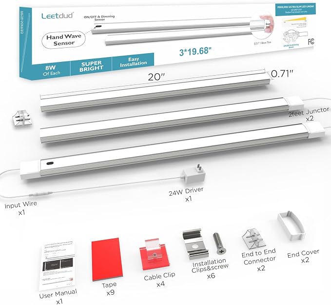 Leetdud Hand Wave Under Cabinet LED Lighting Plug in, 20 Inch 3 Pcs Dimmable Linkable Ultra Thin Aluminum Alloy Housing, 4000K Natural White Motion Sensor Counter Lights for Kitchen, Shelf, Cupboard