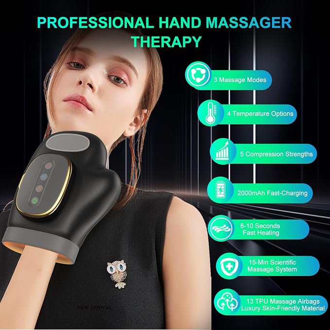 Professional Hand Massager with Heat Compression Therapy, 3 Massage 4 Temperatures 5 Compression Pain Relief Glove, Arthritis & Wrist Carpal Tunnel Neuropathy Circulation, Gifts for Women/Men