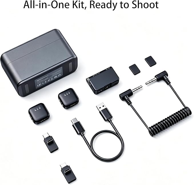 Wireless Lavalier Microphone for iPhone/Android/Camera, Mini Lapel Mic with 2 TX + 1 RX + Charging Case, Noise Cancelling, 48H Battery, 250M Range, Plug-Play for Vlogging Live Streaming