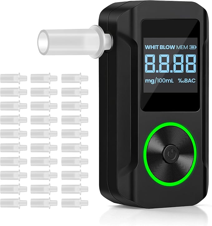 VXF Breathalyzer, Portable Alcohol Breathalyzer Tester with LCD Display & Indicator Ring, Professional-Grade Accuracy, Includes 30 Replaceable Mouthpieces, for Personal & Party Use