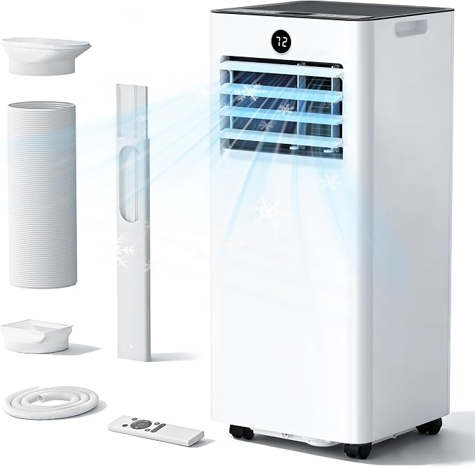 Quiet Portable Air Conditioner 8,000 BTU, Cools Rooms up to 350 Sq. Ft, Dehumidifier & Fan Mode, Sleep Mode, 24-Hour Timer, 26 ft Remote Control, Window Kit 1-piece(White)