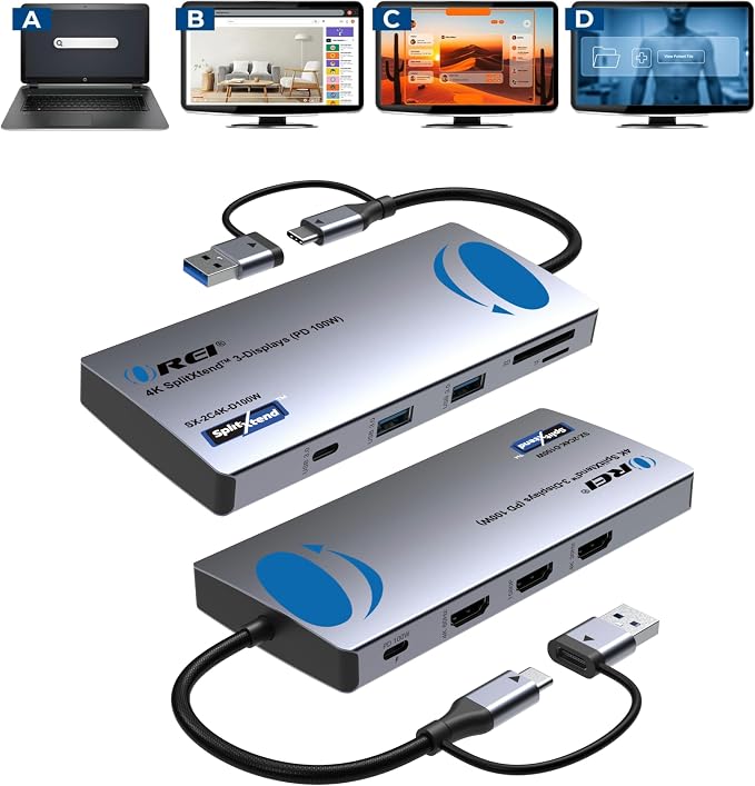 OREI SplitXtend USB C Docking Station Triple Monitor with 3xHDMI Ports, Thunderbolt 4 Dock, HDMI DisplayPort Hub, Dual Monitor HDMI Adapter Extend, USB C Splitter, 100W PD, SD Card Reader, 4K Output