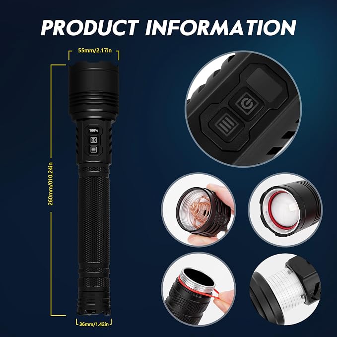 Flashlight Rechargeable, Real 3700 High Lumens, Warm Ambient Light for Camping(6 Modes), Aluminum Alloy Body, Super Bright, Up to 12 Hours, 10000mAh Tactical Flashlight, IPX5 Waterproof