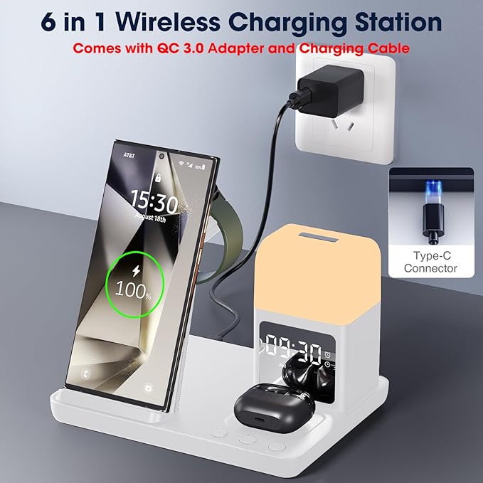 Wireless Charger for Samsung/Android,6 in 1 Alarm Clock Charging Station for Bedrooms with Bedside Clock Night Light for Samsung S25/S24/S23 Ultra/Buds,Watch Charger only for Galaxy Watch 8/7/6-White