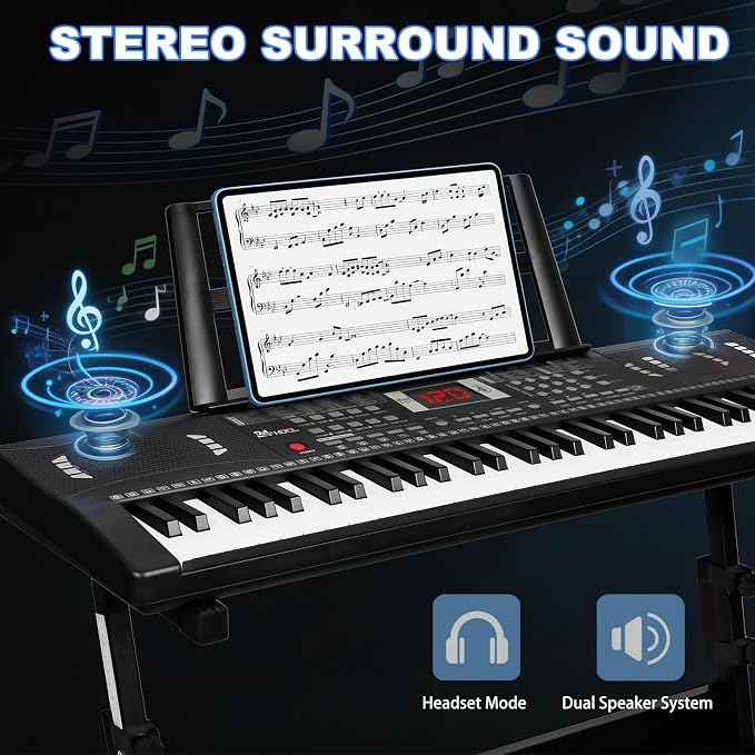 61 Key Keyboard Piano, Digital Kids Piano Keyboard with Stand, Gift for Early Education Children, Black